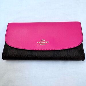 COACH Signature Checkbook Wallet Coated Canvas Brown Bright Fuchsia Never Used